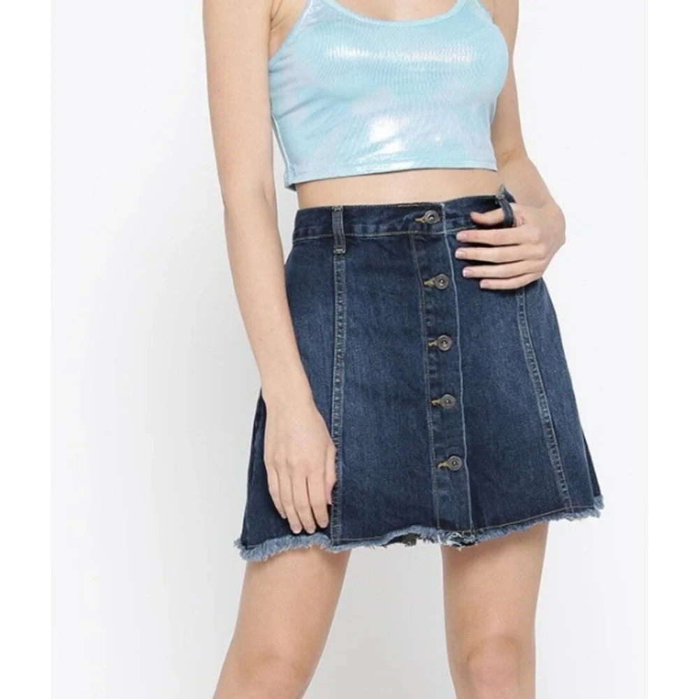 FOREVER 21 Women's A-Line Denim Mini Skirt Dark Wash Button Front Cotton Size 31